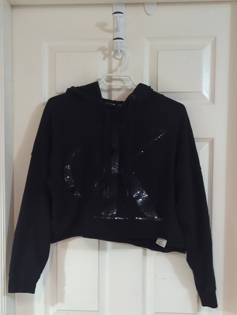 Calvin Klein Black Cropped Hoodie with Glossy CK Logo